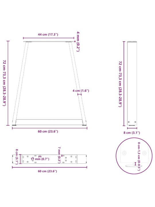 Nohy k jídelnímu stolu ve tvaru v, 2 ks, antracitové, 60 x (72-73) cm, ocel