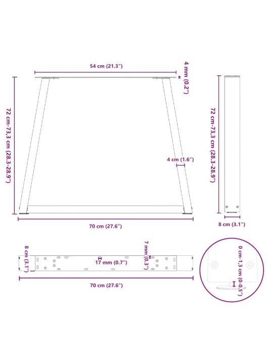 Nohy k jídelnímu stolu ve tvaru v, 2 ks, antracitové, 70 x (72-73,3) cm, ocel
