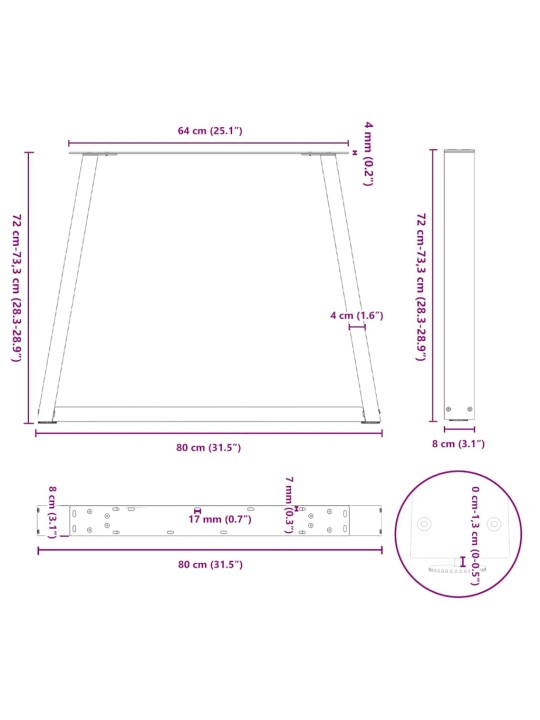 Nohy k jídelnímu stolu ve tvaru v, 2 ks, černé, 80 x (72-73,3) cm, ocel