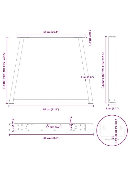 Nohy k jídelnímu stolu ve tvaru v, 2 ks, antracitové, 80 x (72-73,3) cm, ocel