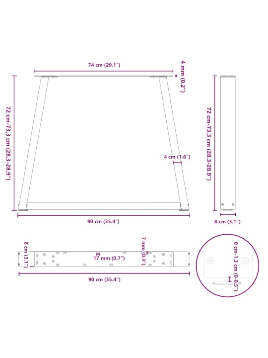 Nohy k jídelnímu stolu ve tvaru v, 2 ks, bílé, 90 x (72-73,3) cm, ocel