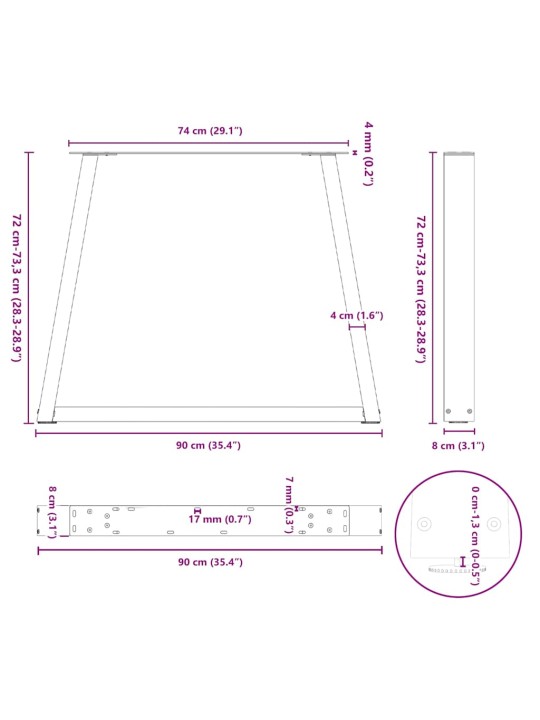 Nohy k jídelnímu stolu ve tvaru v, 3 ks, přírodní ocel, 90 x (72-73,3) cm, ocel