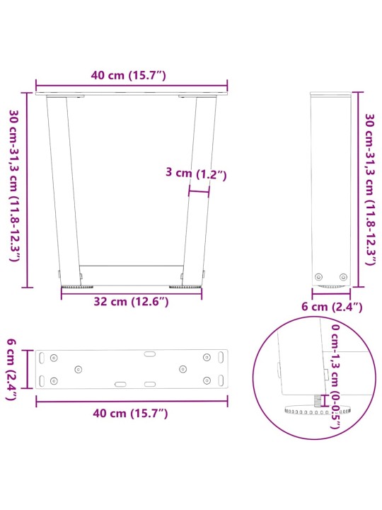 Nohy konferenčního stolku ve tvaru v 2 ks antracitové 40 x (30-31,3) cm ocelové