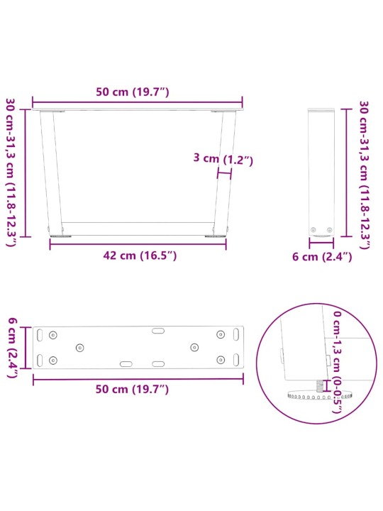 Nohy konferenčního stolku ve tvaru v 2 ks antracitové 50 x (30-31,3) cm ocelové
