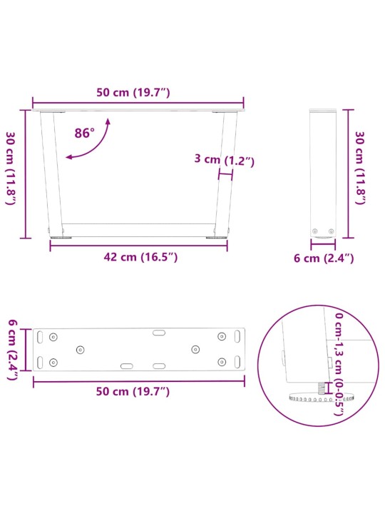 Nohy konferenčního stolku ve tvaru v, 2 ks, přírodní ocel, 50 x (30-31,3) cm, ocel