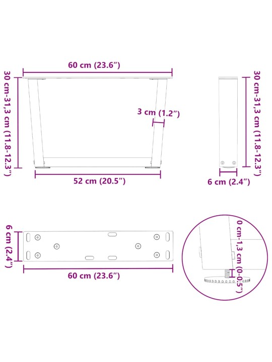 Nohy konferenčního stolku ve tvaru v 2 ks antracitové 60 x (30-31,3) cm ocelové