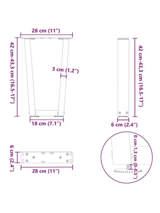 Nohy konferenčního stolku ve tvaru v, 2 ks, antracitové, 28 x (42-43,3) cm, ocel