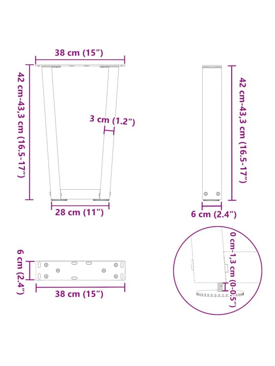 Nohy konferenčního stolku ve tvaru v 2 ks antracitové 38 x (42-43,3) cm ocelové