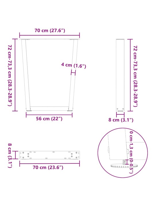 Nohy k jídelnímu stolu ve tvaru v, 2 ks, antracitové, 70 x (72-73,3) cm, ocel