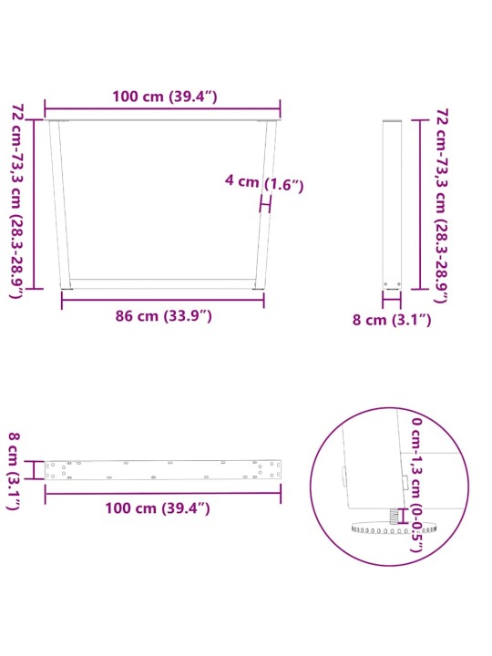 Nohy k jídelnímu stolu ve tvaru v, 2 ks, černé, 100 x (72-73,3) cm, ocel