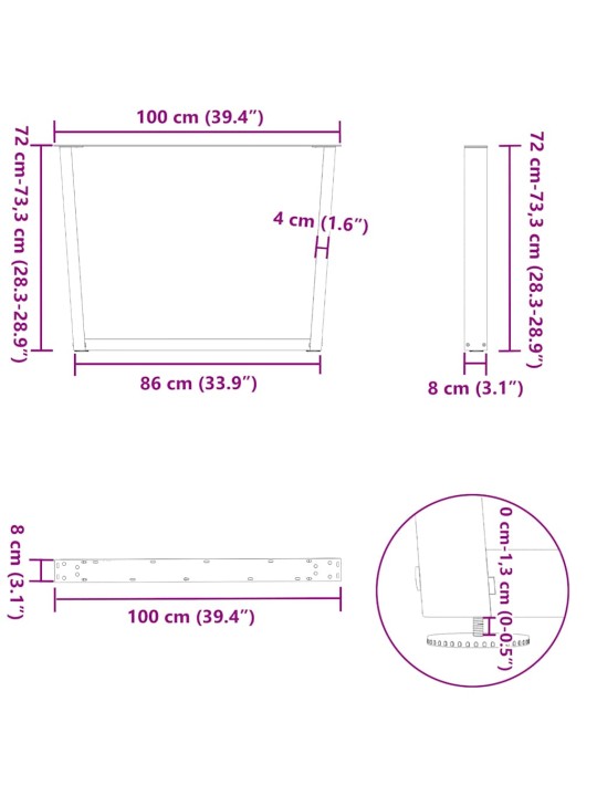 Nohy k jídelnímu stolu ve tvaru v, 2 ks, bílé, 100 x (72-73,3) cm, ocel