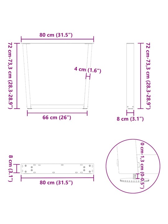 Nohy k jídelnímu stolu ve tvaru v, 3 ks, antracitové, 80 x (72-73,3) cm, ocel