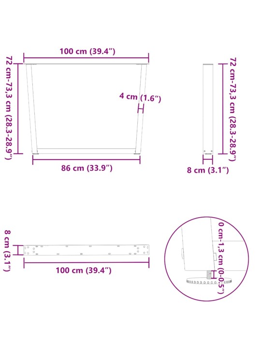 Nohy k jídelnímu stolu ve tvaru v, 3 ks, bílé, 100 x (72-73,3) cm, ocel