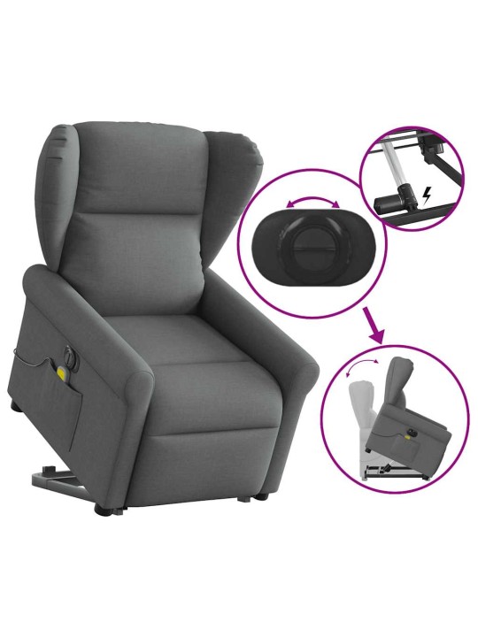 Elektrické zvedací masážní polohovací křeslo tmavě šedé textil