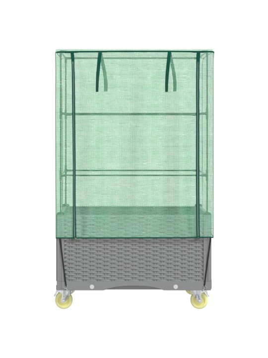 Vyvýšený záhon s kolečky a skleník ratanový vzhled 80x50x182 cm