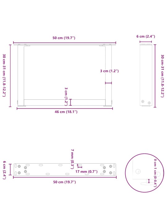 Nohy konferenčního stolku ve tvaru u, 2 ks, bílé, 50 x (30-31) cm, ocel