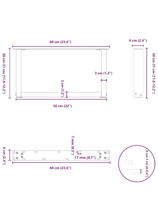 Nohy konferenčního stolku ve tvaru u, 2 ks, bílé, 60 x (30-31) cm, ocel