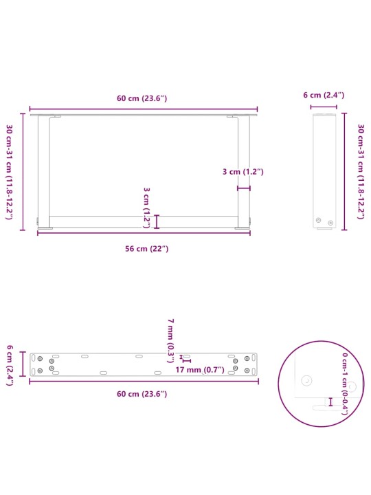 Nohy konferenčního stolku ve tvaru u 2 ks antracitové 60 x (30-31) cm ocelové