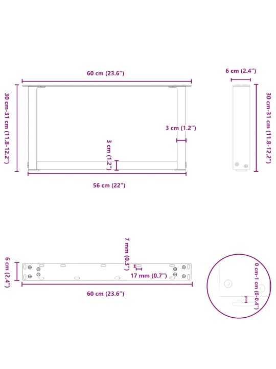 Nohy konferenčního stolku ve tvaru u, 2 ks, přírodní ocel, 60 x (30-31) cm, ocel