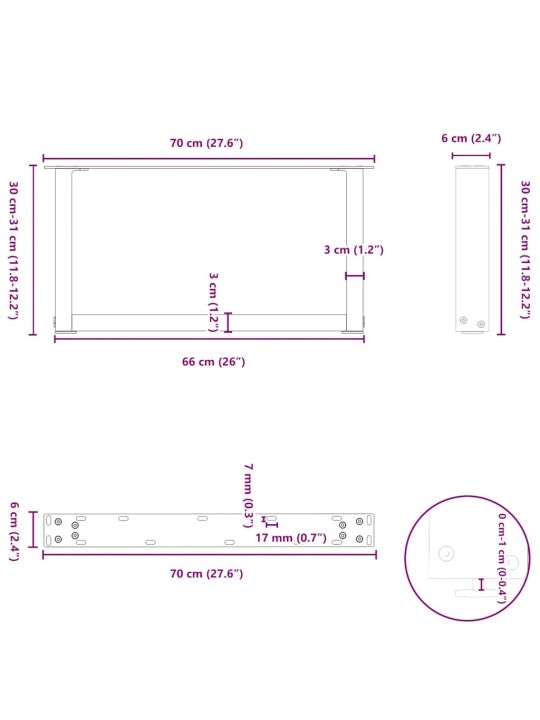 Nohy konferenčního stolku ve tvaru u, 2 ks, černé, 70 x (30-31) cm, ocel