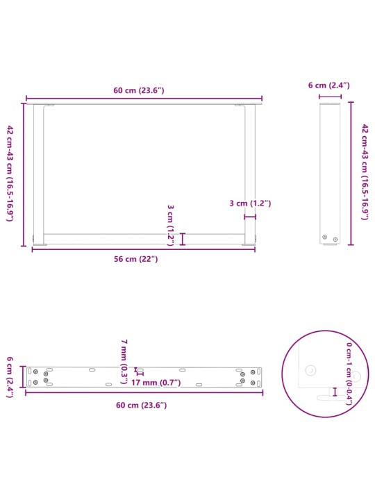 Nohy konferenčního stolku ve tvaru u, 2 ks, černé, 60 x (42-43) cm, ocel