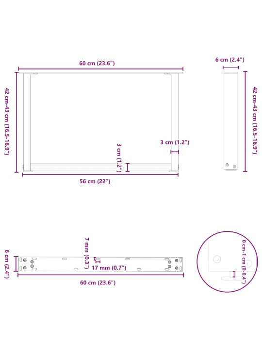 Nohy konferenčního stolku ve tvaru u 2 ks antracitové 60 x (42-43) cm ocelové