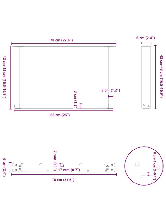 Nohy konferenčního stolku ve tvaru u 2 ks antracitové 70 x (42-43) cm ocelové
