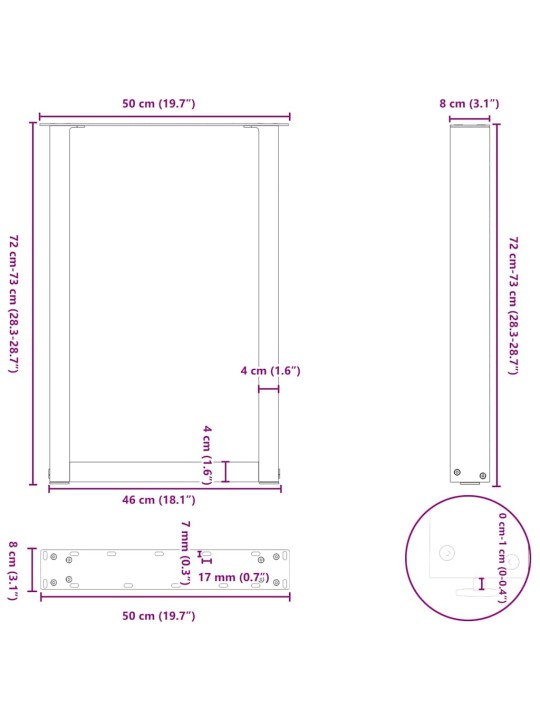 Nohy k jídelnímu stolu ve tvaru u, 2 ks, černé, 50 x (72-73) cm, ocel