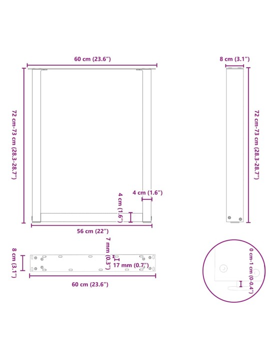 Nohy k jídelnímu stolu ve tvaru u, 2 ks, přírodní ocel, 60 x (72-73) cm, ocel