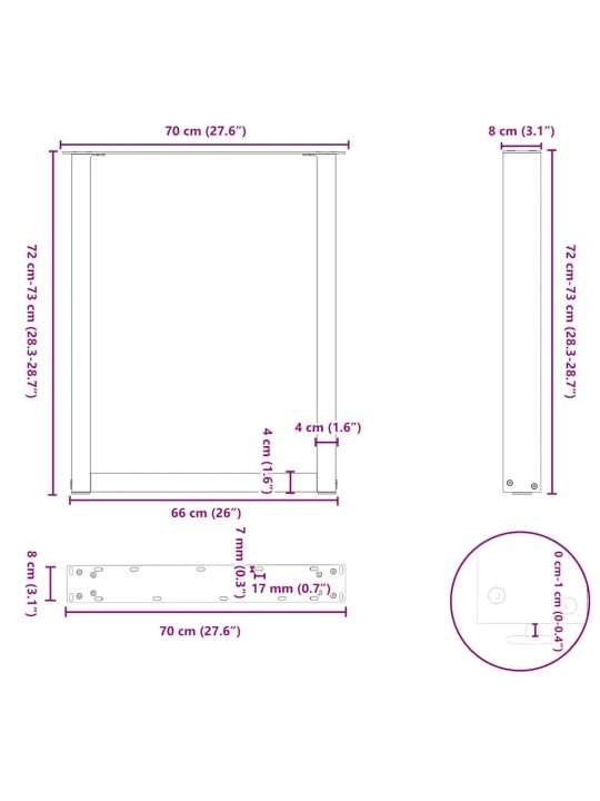 Nohy k jídelnímu stolu ve tvaru u, 2 ks, černé, 70 x (72-73) cm, ocel