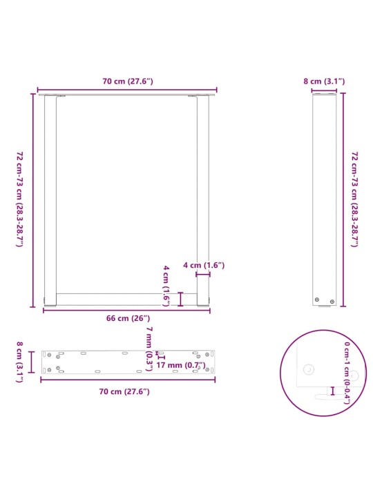 Nohy k jídelnímu stolu ve tvaru u, 2 ks, přírodní ocel, 70 x (72-73) cm, ocel