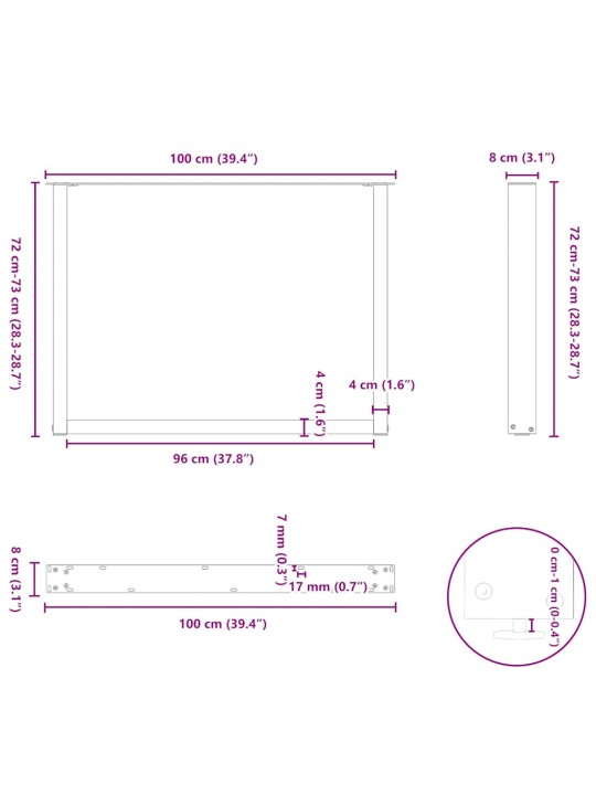 Nohy k jídelnímu stolu ve tvaru u, 2 ks, černé, 100 x (72-73) cm, ocel