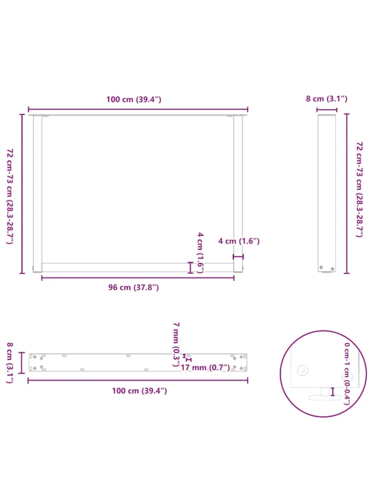Nohy k jídelnímu stolu ve tvaru u, 2 ks, černé, 100 x (72-73) cm, ocel