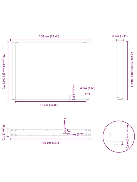 Nohy k jídelnímu stolu ve tvaru u, 2 ks, přírodní ocel, 100 x (72-73) cm, ocel