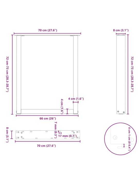 Nohy k jídelnímu stolu ve tvaru u, 3 ks, bílé, 70 x (72-73) cm, ocel