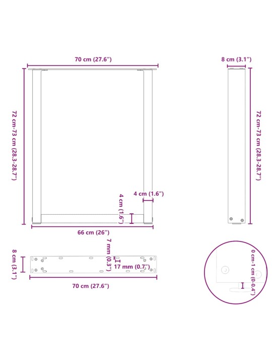 Nohy k jídelnímu stolu ve tvaru u, 3 ks, antracitové, 70 x (72-73) cm, ocel