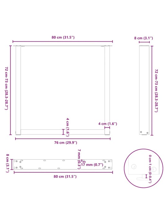 Nohy k jídelnímu stolu ve tvaru u, 3 ks, černé, 80 x (72-73) cm, ocel