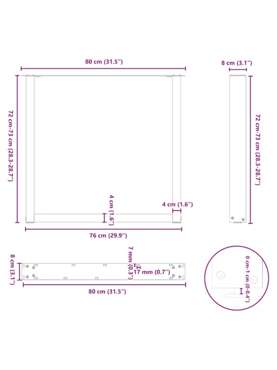 Nohy k jídelnímu stolu ve tvaru u, 3 ks, antracitové, 80 x (72-73) cm, ocel