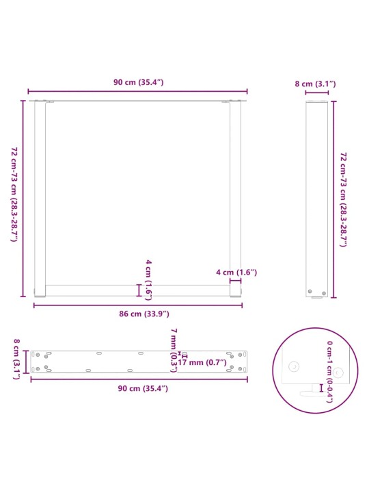 Nohy k jídelnímu stolu ve tvaru u, 3 ks, černé, 90 x (72-73) cm, ocel
