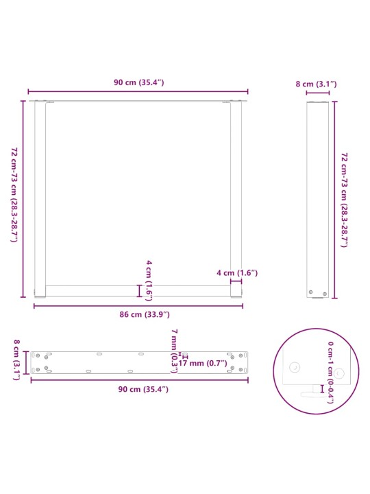 Nohy k jídelnímu stolu ve tvaru u, 3 ks, bílé, 90 x (72-73) cm, ocel