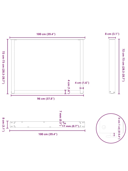Nohy k jídelnímu stolu ve tvaru u 2 ks antracitové 100 x (72-73) cm ocelové