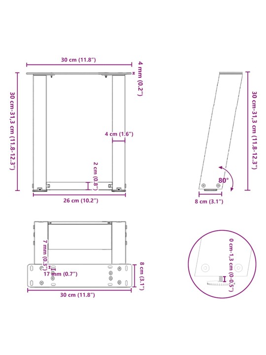 Nohy konferenčního stolku ve tvaru u, 2 ks, černé, 30 x (30-31) cm, ocel