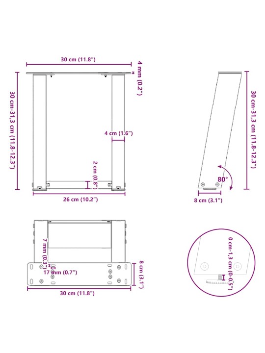Nohy konferenčního stolku ve tvaru u 2 ks antracitové 30 x (30-31) cm ocelové