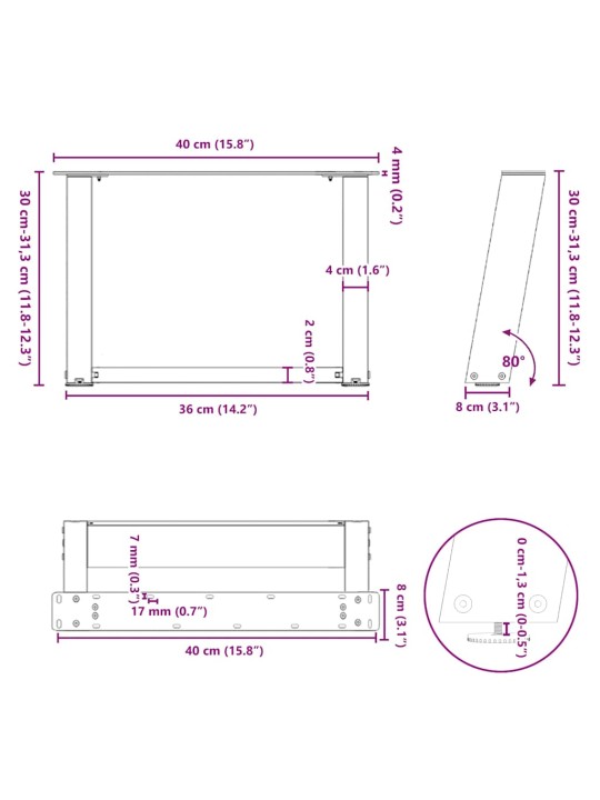 Nohy konferenčního stolku ve tvaru u 2 ks antracitové 40 x (30-31) cm ocelové