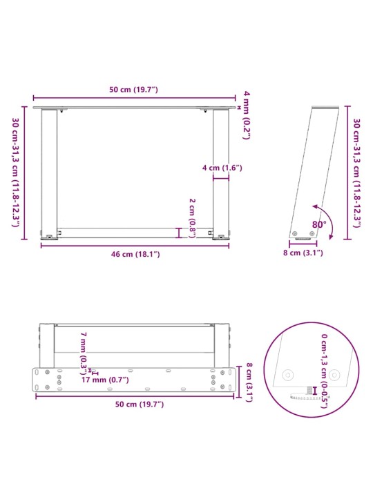 Nohy konferenčního stolku ve tvaru u, 2 ks, černé, 50 x (30-31) cm, ocel