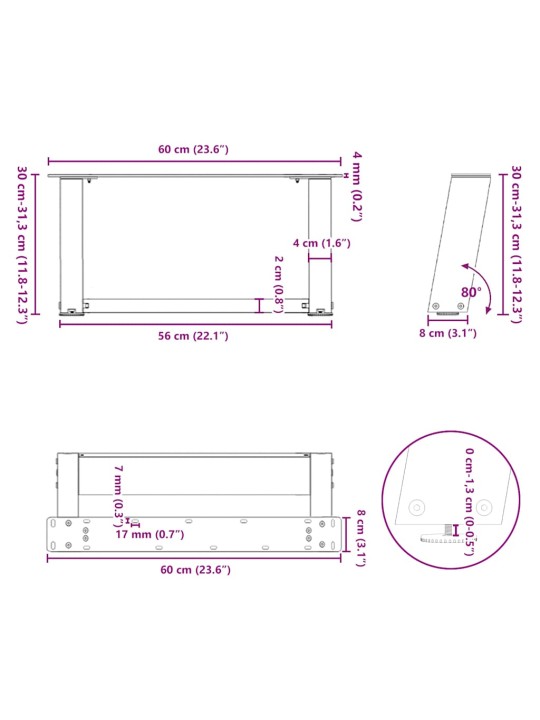 Nohy konferenčního stolku ve tvaru u 2 ks antracitové 60 x (30-31) cm ocelové