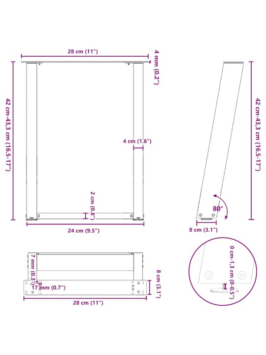Nohy konferenčního stolku ve tvaru u 2 ks antracitové 28 x (42-43) cm ocelové