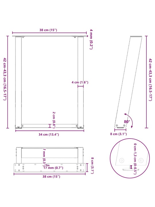 Nohy konferenčního stolku ve tvaru u 2 ks antracitové 38 x (42-43) cm ocelové