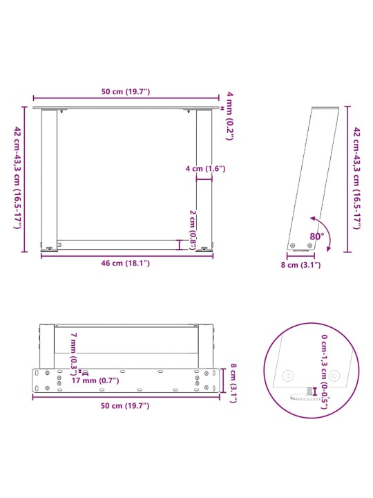 Nohy konferenčního stolku ve tvaru u, 2 ks, bílé, 50 x (42-43) cm, ocel
