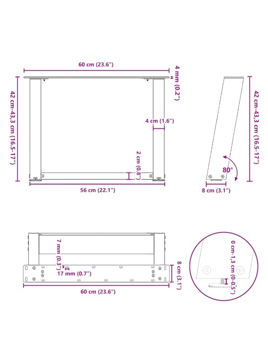 Nohy konferenčního stolku ve tvaru u, 2 ks, přírodní ocel, 60 x (42-43) cm, ocel